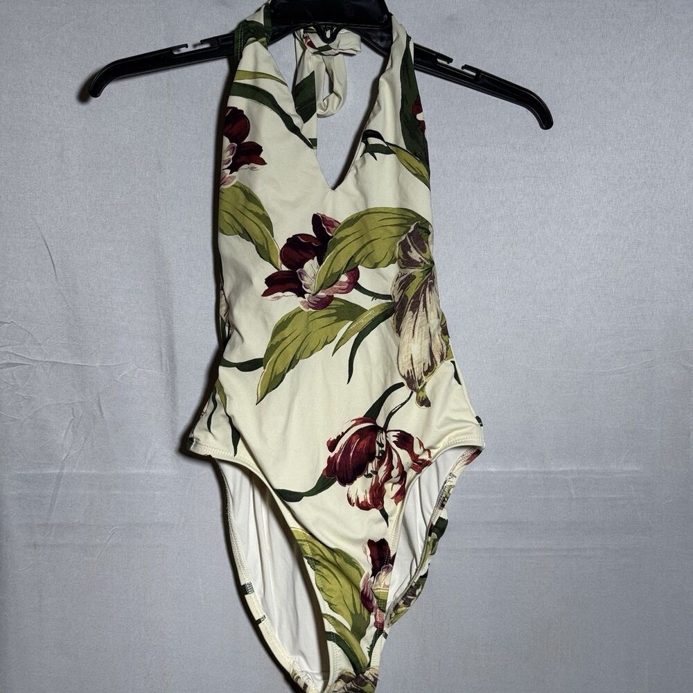Robin Piccone Floral One Piece Swimsuit Halter Plunge Back Size 6 Beach Vacation